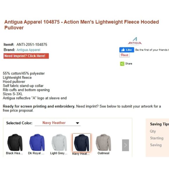 Antigua Action Lightweight Fleece Navy Blue Hoodie - Picture 5 of 13